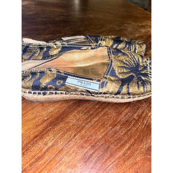 PRADA Casual Preppy Festival Brocade Navy Blue & Gold Fabric Espadrilles 37 / 7 - Picture 8 of 15